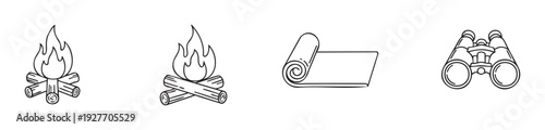 Collection of outdoor adventure icons featuring campfires, a sleeping mat, and binoculars, ideal for camping and exploration themed projects