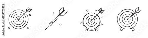 Line icon set featuring target boards and darts, representing goals, success, and accuracy, perfect for business presentations, sports graphics, or game applications.