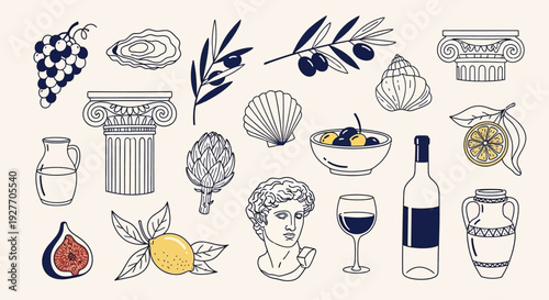 Collection of Greek and Mediterranean Inspired Illustrations, Food, and Architecture