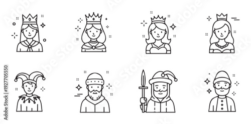 Collection of line art avatars depicting various fairytale and medieval characters like queens, princesses, jesters, and guards, suitable for apps, websites, and user interfaces development.