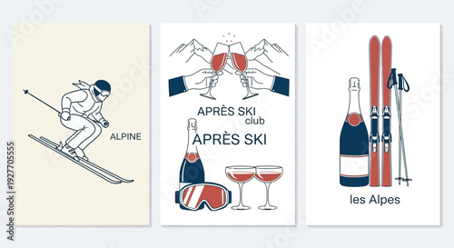 Winter Skiing and Alpine Apres-Ski Lifestyle Collection with Champagne and Views
