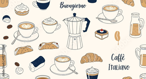 Italian Coffee and Pastries Seamless Pattern: Cappuccino, Croissant, Cannoli, Moka Pot