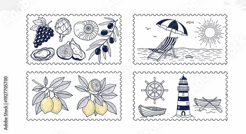 Set of Four Vintage Postage Stamp Illustrations Featuring Mediterranean Food, Beach, and Nautical