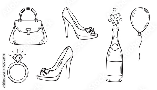 Outline drawings of celebratory items including a stylish handbag, high heels, a sparkling diamond ring, a popping champagne bottle, and a festive balloon for party event promotions or