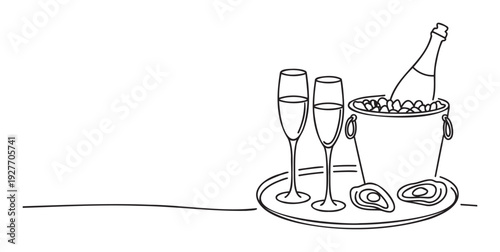 Simple continuous line drawing of champagne, two flutes, and oysters on a platter, perfect for celebrating special moments or luxurious events.