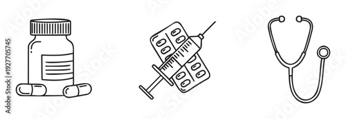 Medical supplies and healthcare equipment icons featuring a medication bottle with capsules, a syringe with blister packs, and a stethoscope, ideal for health education and clinical