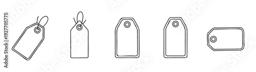 A collection of simple outline price tags and retail labels with various shapes and string details useful for ecommerce, sales promotions, discount announcements, and branding material.