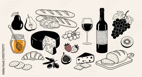 Artistic Sketch of a French Picnic Spread with Wine, Cheese, Bread, and Fruit