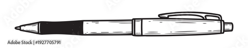 A hand drawn black and white pen with a cap and clip, representing a classic writing instrument for various stationery projects, office supply graphics, and educational materials.