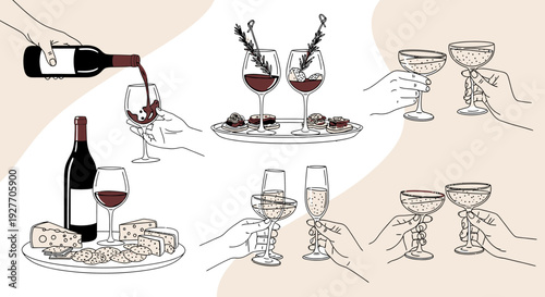 Cheers and Wine Tasting: Illustrations of Drinks, Food, and Social Gatherings