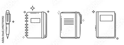Essential learning and productivity tools including a stylish writing instrument and various blank notebooks for daily planning and academic study