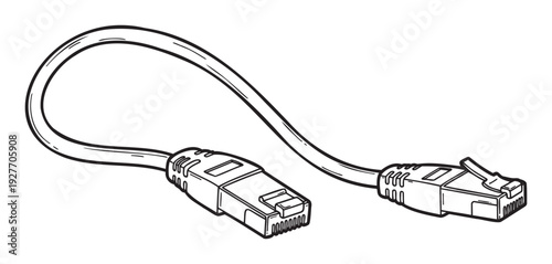 Ethernet patch cable line drawing showcasing two RJ45 connectors, ideal for communication technology presentations, instructional manuals, and website graphics