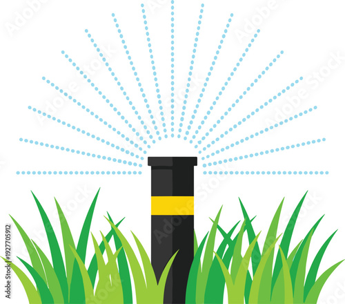 Garden sprinkler watering grass vector illustration, black yellow sprinkler head with blue spray rays on green lawn for irrigation lawn care designs