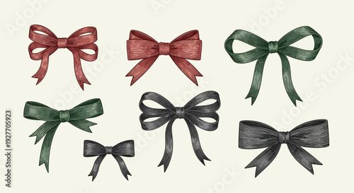 Set of Decorative Ribbons and Bows in Various Colors and Styles