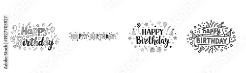 Black and white hand-drawn happy birthday designs with stars and balloons
