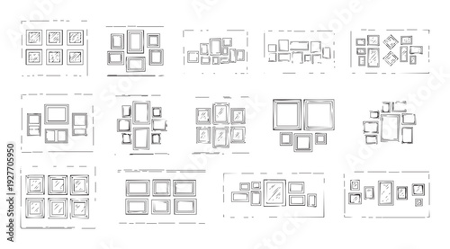 Handdrawn sketch collection displaying various empty picture frame arrangements perfect for inspiring home decor ideas, digital mockups, and visual presentations of gallery wall layouts.
