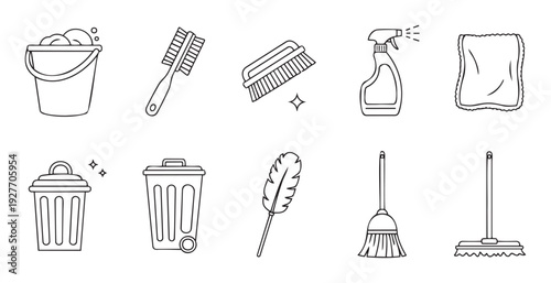 Simple line icons depicting a variety of household cleaning supplies and equipment for enhancing applications, infographics, and educational materials about home care.