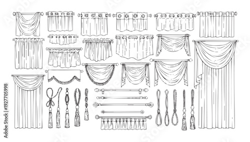 Comprehensive collection of various curtain and drape styles including valances swags curtain rods and decorative tie backs for interior design and home decoration projects