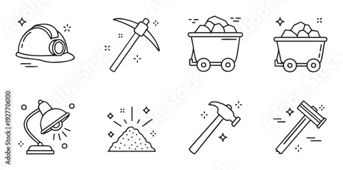 Diverse collection of line icons representing essential mining equipment and valuable resources, suitable for industrial presentations, educational content, and various professional graphic