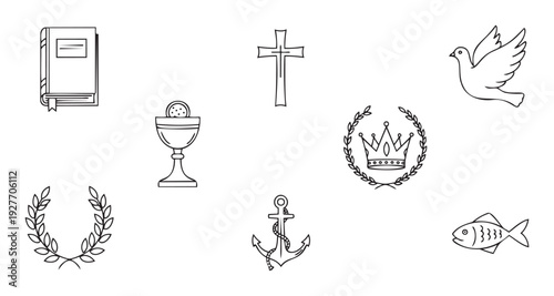 Collection of Christian religious and spiritual line symbols for faith based graphic design, church announcements, spiritual event decorations, and educational materials