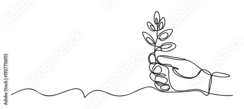 Simple continuous line drawing of a human hand holding a small plant with leaves, symbolizing care for the environment, sustainable growth, and ecological balance, useful for nature related