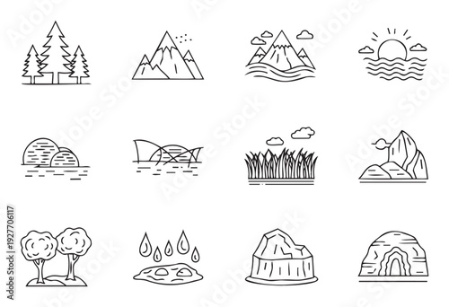 Simple outline icon collection representing diverse natural landscapes, geographical formations, and weather phenomena, ideal for web graphics, educational content, and outdoor themed