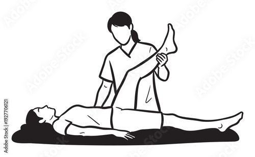 Professional physical therapist performing leg rehabilitation exercises with a female patient lying on a mat to improve flexibility and promote recovery.