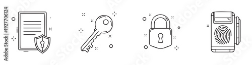 Comprehensive collection of security and privacy line icons representing document protection, digital access keys, secure padlocks, and biometric fingerprint authentication for secure