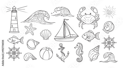 Nautical and marine life line drawings set featuring lighthouse, boat, crab, and shells perfect for summer decor, ocean adventures, or seaside event invitations