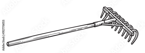 Black and white line drawing of a versatile garden rake, an essential traditional farming tool for agriculture and tidying outdoor spaces, perfect for horticulture projects and lawn care