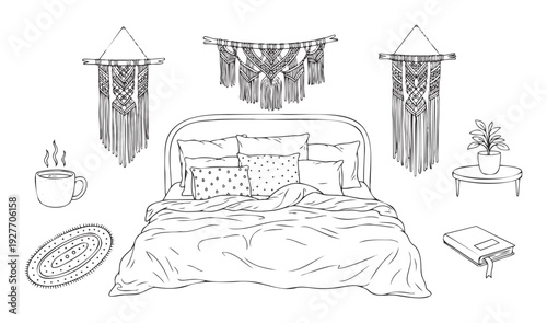 Bohemian bedroom decor set featuring a cozy bed with pillows, stylish macrame wall hangings, a steaming mug, a plant on a table, a patterned rug, and a book, perfect for interior design