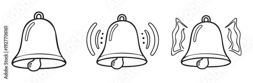 Bell notification symbol set displaying silent, ringing with sound waves, and vibrating states, ideal for app icons, alarm indicators, or announcement alerts.