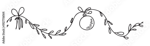 Simple hand drawn Christmas garland with green leaves and a festive ornament dangling from a decorative string tied with a bow, perfect for holiday greetings and seasonal event decorations.
