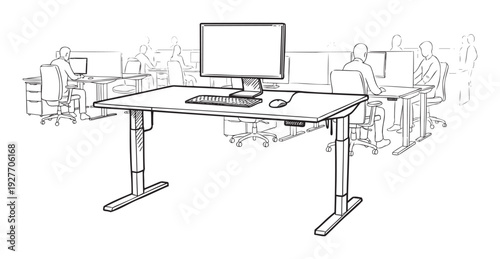 A dynamic office environment featuring a modern height adjustable standing desk with a computer monitor keyboard and mouse for illustrating flexible workspace solutions and ergonomic office