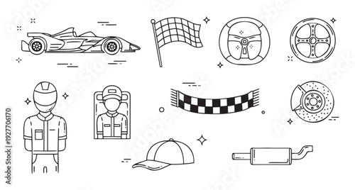 Auto racing equipment and apparel linear icons including a formula car, checkered flag, steering wheel, driver, pit crew, scarf, brake, and exhaust for motorsport events.