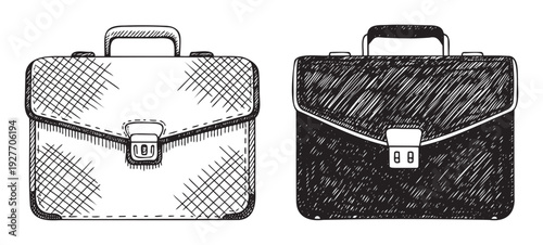 Hand drawn business briefcases depicting professional themes and stylish office accessories, perfect for corporate presentations, academic publications, and educational material.