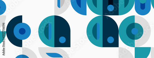 Abstract pattern features overlapping circles, semicircles. Blue, teal, gray hues create modern aesthetic. Simple shapes repeat seamlessly.
