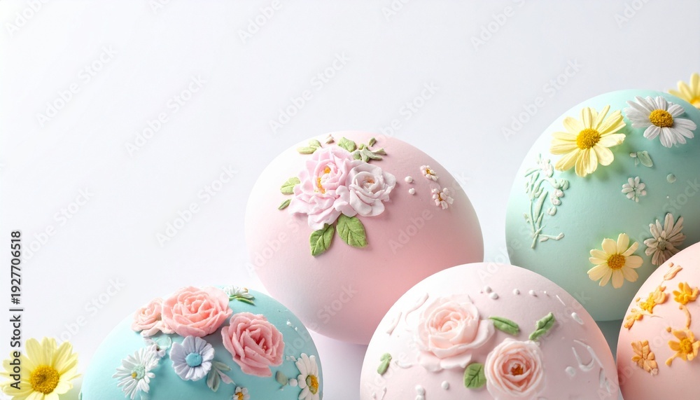Fototapeta premium Pastel Easter Eggs with Floral Designs on White Background