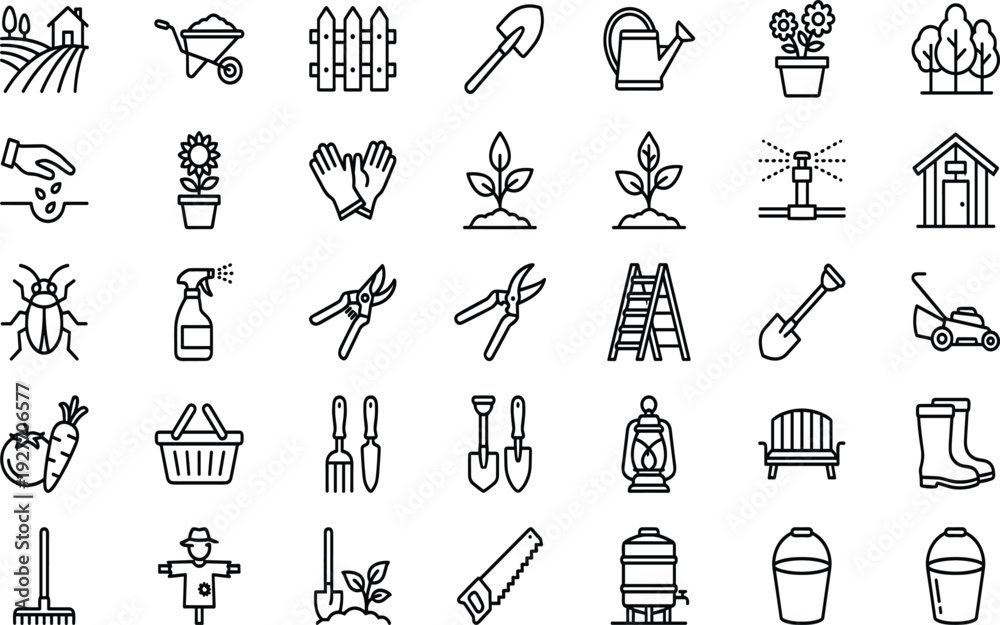 Obraz premium Gardening and farming icon set vector illustration, line art tools wheelbarrow shovel watering can seedling gloves scarecrow for garden agriculture nature designs