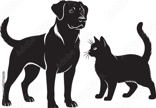 Black and white silhouette illustration of dog and cat interaction, domestic pets facing each other, animal companionship concept, minimalistic design for pet lovers and stock use.