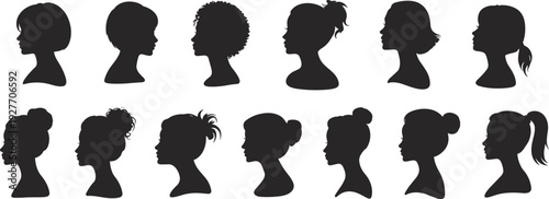 Set of woman profile silhouettes with various hairstyles including ponytail, bun, and curly hair for beauty, fashion, and salon branding.
