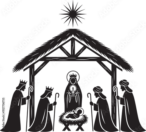 Black and white silhouette illustration of nativity scene showing baby Jesus in manger with Mary, Joseph, Three Wise Men, star, and stable structure for Christmas design.