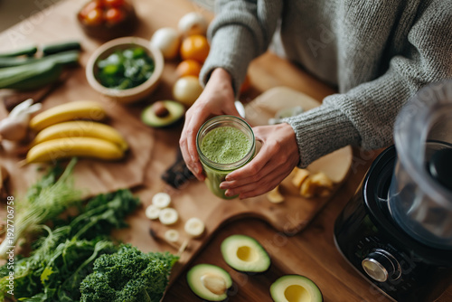 Wallpaper Mural woman's hands preparing a green smoothie with avocados, bananas, and greens on a kitchen table  Torontodigital.ca