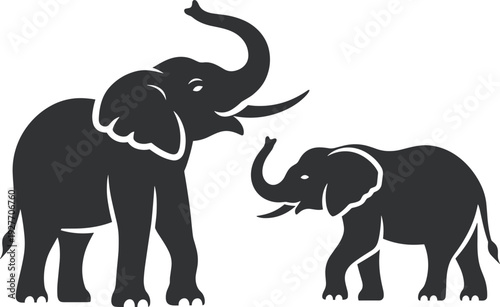 Black and white silhouette illustration of two elephants facing each other, parent and child concept, minimalistic wildlife design for nature, family bond, and stock imagery use.