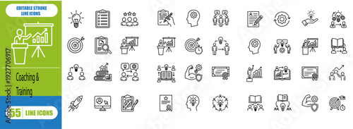 Training and Coaching icon set. Containing team building, collaboration, teamwork, coaching, problem-solving and education icons. Solid icon collection