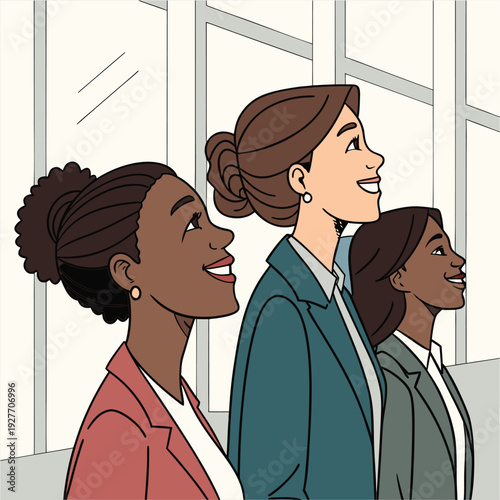 Optimistic professional women looking upward.

