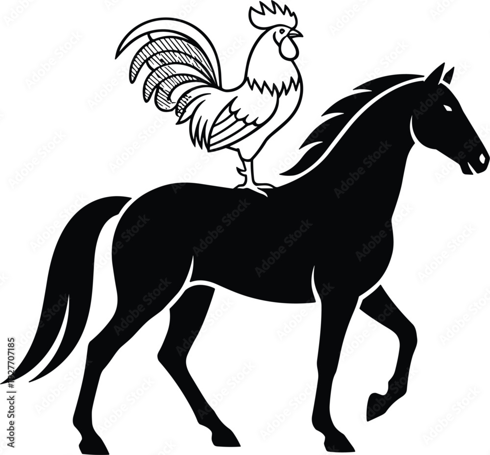 Fototapeta premium Rooster riding horse silhouette vector illustration, surreal black farm animal mashup galloping rooster on horseback for zodiac fantasy mascot and decorative