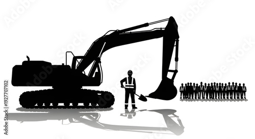 Vector silhouette of a large excavator with a construction worker and a team of laborers, representing workforce management, teamwork, and industrial project leadership.