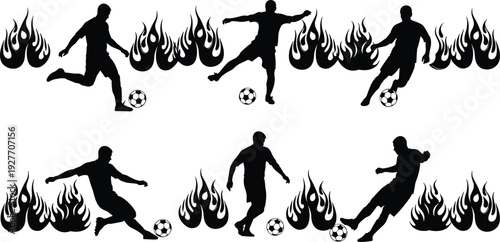 Soccer player silhouette vector collection with fire flames, professional football athletes action poses set, flavector sports energy burning motion graphics