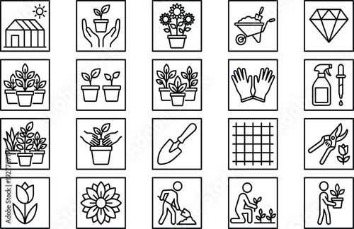 Gardening and planting icon set vector illustration, line art greenhouse potted plants wheelbarrow gloves trowel pruners flower gardener for spring nature designs
